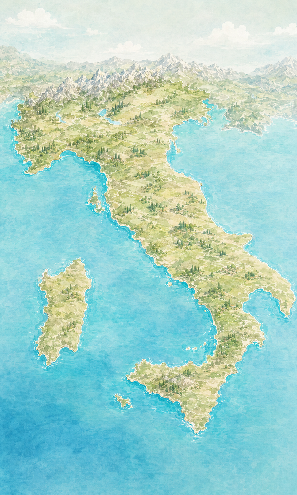 Celá mapa Itálie včetně Alp, Sardinie a Sicílie; cesta končí v Palermu